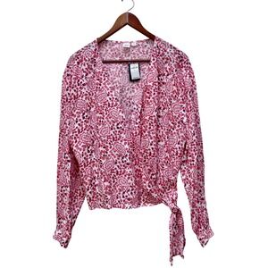 NWT GAP Womens Red Pink Floral Paisley Linen Blend Wrap Top Long Sleeve XL